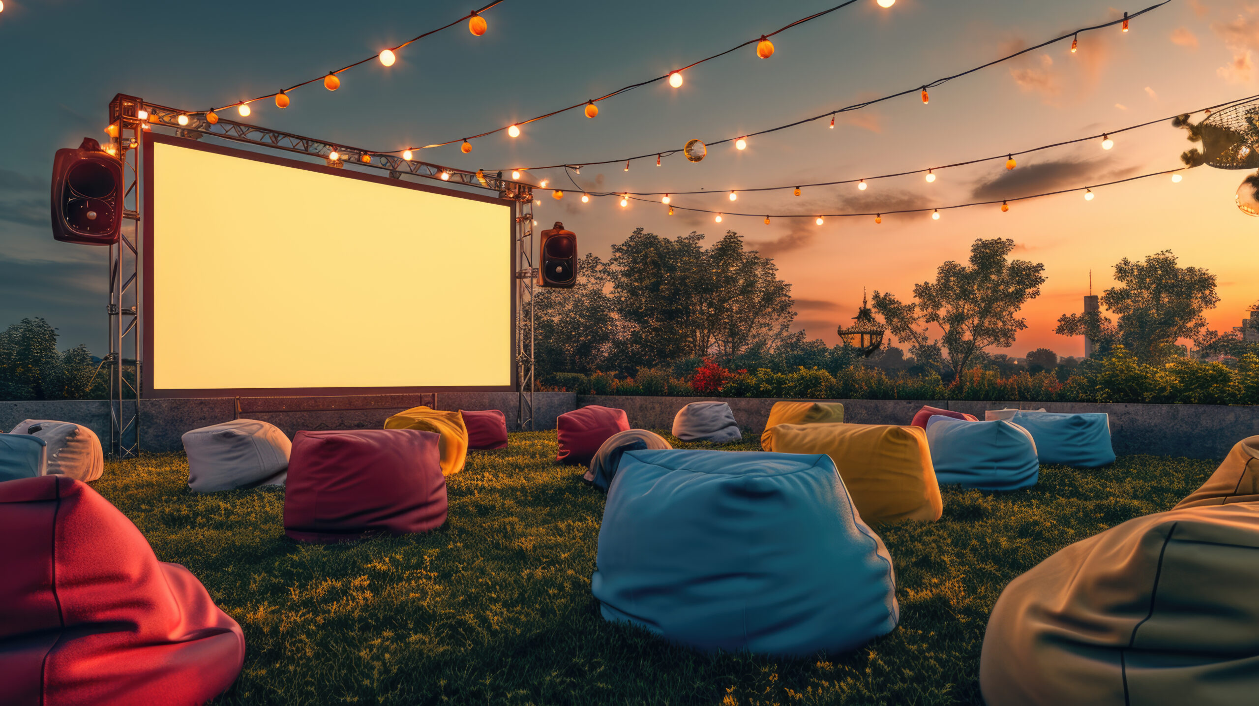 outdoor cinema setup with a large movie screen and multiple colorful bean bags on a grassy area, under a sky with twilight hues and strings of lights.